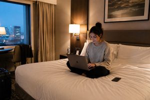 Laptop connecting to wifi in hotel room